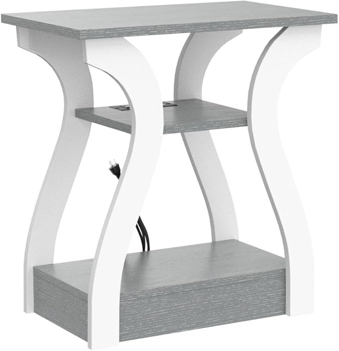 End Tables Living Room, Grey End Table with Charging Station, Grey Side Table, Nightstand for Bedroom, 3 Tier End Table with Storage Shelf for Living Room-Ruum Studio Home