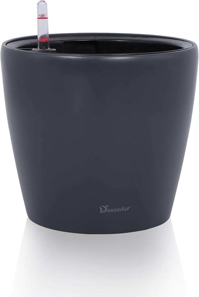 Dexceder 11x10 Inches Self Watering Planter Indoor Outdoor, Inner Pot Design, Thickened Table Flower Plant Pot with Water Level Indicator (Slate Gray Matte)-Ruum Studio Home