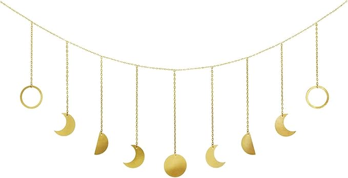Mkono Moon Phase Wall Hanging Boho Aesthetic Room Decor Metal Moons Garland Hanging Art Bohemian Home Decoration for Girls Room Nursery Bedroom Livingroom Dorm, Ideal, Gold, 50"-Ruum Studio Home