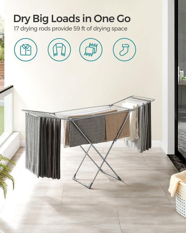 SONGMICS Clothes Drying Rack, Metal Laundry Drying Rack, Foldable, Space-Saving, Free-Standing Airer, with 2 Gullwings, Indoor Outdoor Use, Bed Linen Clothing, Gray ULLR540G01-Ruum Studio Home