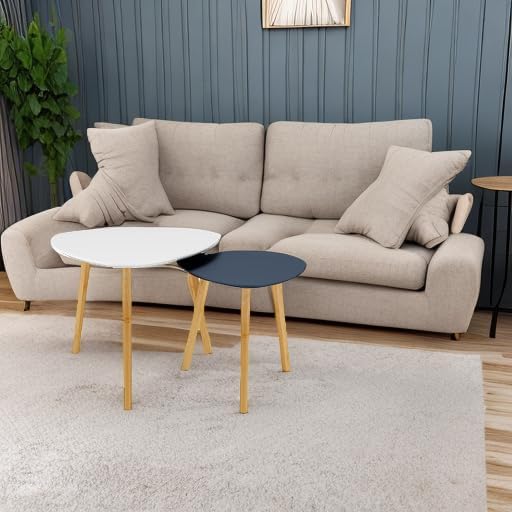 BAMEOS Bamboo Nesting Triangle End Table,Set of 2 Coffee Table Modern Minimalist Side Table for Living Room, Balcony in White & Grey-Ruum Studio Home