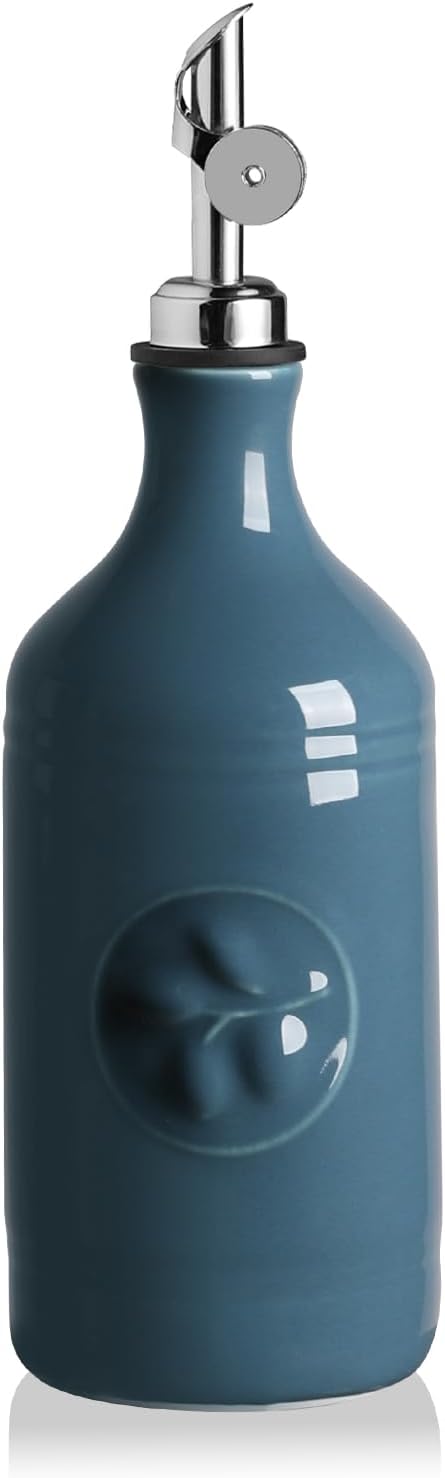 Sweejar 16 Oz Ceramic Olive Oil Dispenser Bottle, Oil Dispenser for Kitchen with Gravity Spout, Relief Opaque Vinegar Container for Evoo, Soy Sauce, 1 Pack(Fog Blue, Silver Spout)-Ruum Studio Home