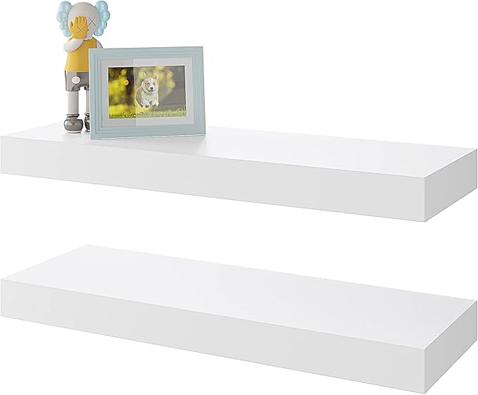 BAMEOS Floating Shelves, White Wall Mounted Wooden Shelves with Invisible Brackets Set of 2, Hanging Wall Shelves Decoration for Bedroom, Bathroom, Living Room and Kitchen-Ruum Studio Home