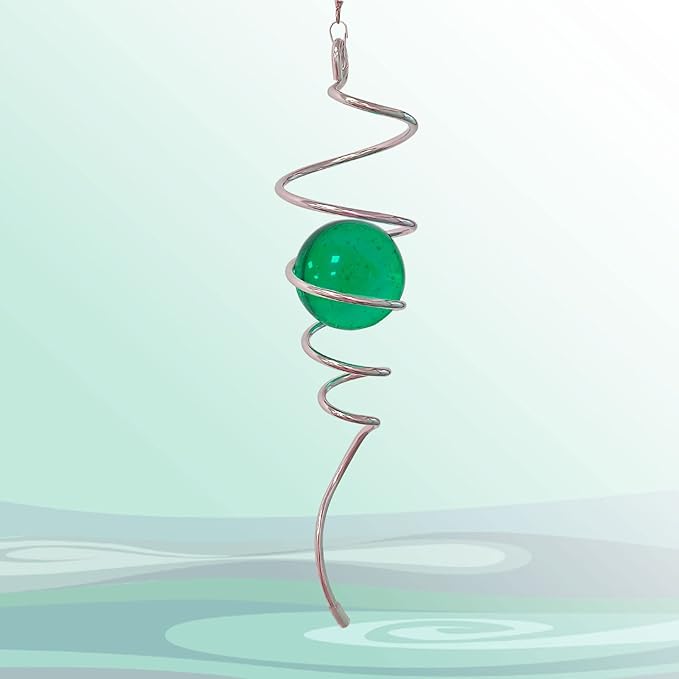 Wind Spinner Tail Gazing Ball Spiral Decorative Wind Spinner Sun Catcher 11inch Tail and 2 inch Glass Orb. Indoor Outdoor Garden Decoration Wind Sculptures-13 inch Height (Green)-Ruum Studio Home