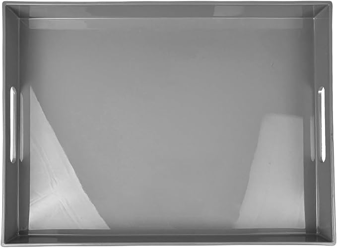 Grey Decorative Tray, Rectangular Large Serving Tray with Handles, Plastic Coffee Table Tray for Ottoman, Living Room, Kitchen Tabletop, 15.7” x 11.8” x1.6”-Ruum Studio Home
