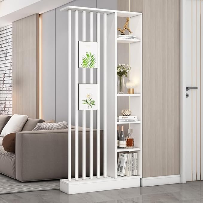 Wall Room Divider, Storage Cabinet Storage Display with Shelves, Modern Freestanding Wood Room Divider Screen, Wall Privacy Screens for Home Decorative (White,35.4" L x 9.5" W x 79.5" H)-Ruum Studio Home