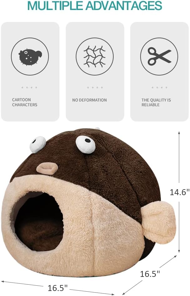 Cat Beds for Indoor Cats - Cat Bed Cave with Removable Washable Cushioned Pillow, Soft Plush Premium Cotton No Deformation Pet Bed, Lively Pufferfish Cat House Design, Brown, Multiple Sizes(L)-Ruum Studio Home