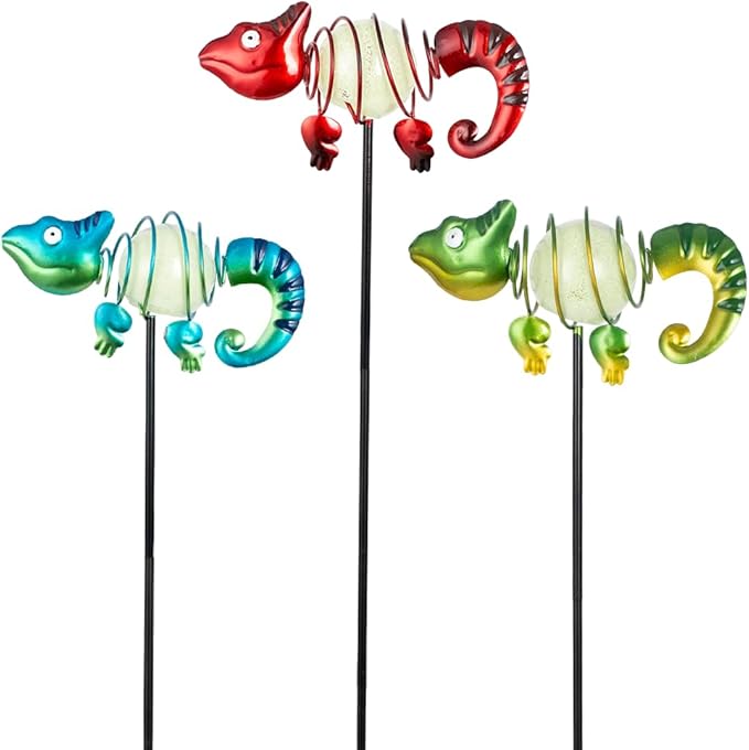 3 Pack Garden Stakes Decorative,Cute Chameleons Glow in The Dark Metal Garden Decor,Waterproof Metal Yard Art Decor for Outside,Funny Present for Mom Women Grandma-Ruum Studio Home