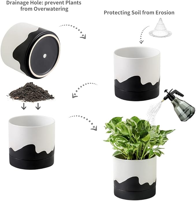 Nihow Ceramic Plant Pot: 6 Inch Planter with Drainage Hole & Saucer for Indoor & Outdoor Plants - Cylinder Round Flower Pot for Succulent/Herbs/Violets - White & Wave Black-Ruum Studio Home