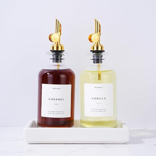 Molimoli Olive Oil Dispenser Bottle for Kitchen, Coffee Syrup Dispenser w. Weighted Pourer, Glass Bottle Dispenser for Kitchen with Ceramic Tray | Gold, 350ml, Set of 2-Ruum Studio Home
