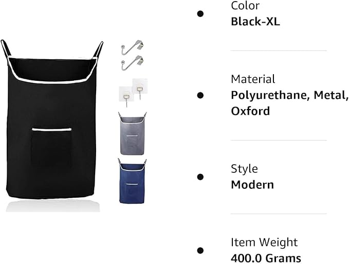 The Fine Living Co. X-Large Hanging Laundry Hamper with Over Door Hooks & Adhesive,Durable Space Saving Laundry Bag with Zipper and Wide Open Top,Hanging Dorm Laundry Hamper 20"x3.75"x31" (Black-XL)-Ruum Studio Home