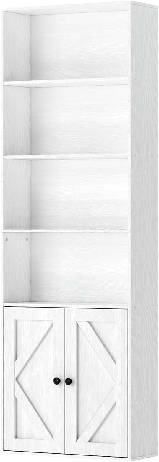 Tall White Bookcase with Doors – Wooden Bookshelf with Storage Cabinet & Shelves for Living Room, Bedroom, or Office-Ruum Studio Home