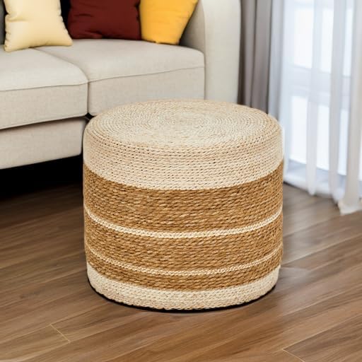 Wimarsbon 18'' Ottoman Pouf, Natural Braided Poof, Rustic Handweave Lounge Pouffe, Boho Footrest Stool for Bedroom, Accent Table or Seat for Living Room-Ruum Studio Home