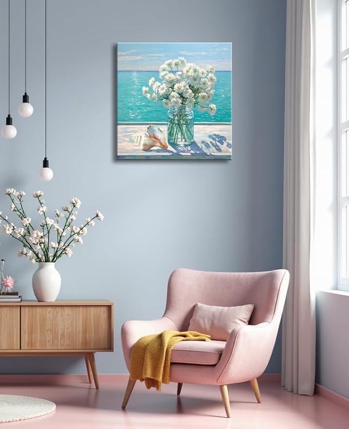 Bathroom Decor Ocean Daisy Flower Canvas Wall Art Coastal Nautical Seashell Seascape Framed Picture Ocean Theme Seascape Painting Artwork for Bedroom Home Decoration Square Blue 14x14"-Ruum Studio Home