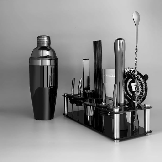 14-Piece Cocktail Shaker Set Bartender Kit with Black Stand, Bar Tool Set for Drink Mixing Bartending Kit Bar Sets Accessories: 750ml(25oz) Shaker, Jigger, Muddler, Cocktail Recipes (Black)-Ruum Studio Home