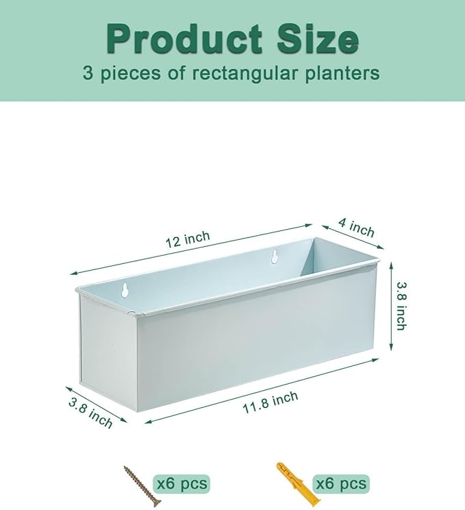 vensovo Metal Wall Hanging Planter Boxes – 12" Rectangle Flower Pots, 3 Pack with Drainage, Durable Galvanized Finish for Indoor Outdoor Balcony Fence Windowsill, White-Ruum Studio Home