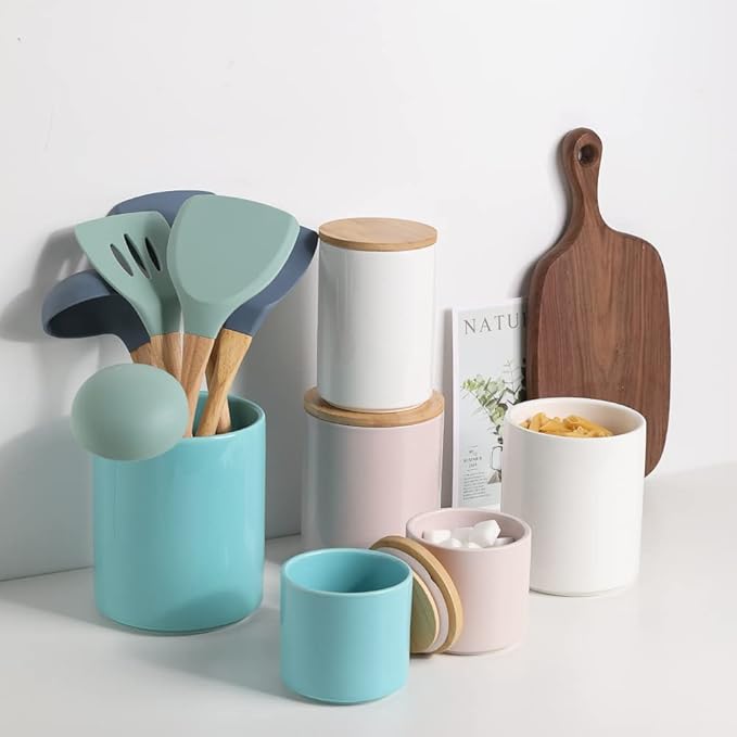 Sweejar Ceramic Kitchen Canister Sets, Porcelain Container for Countertop, Heavy Food Storage Jars with Airthight Seal Bamboo Lid, Servering for Sugar, Coffee Beans, Tea Leaves, Pack of 4（White）-Ruum Studio Home