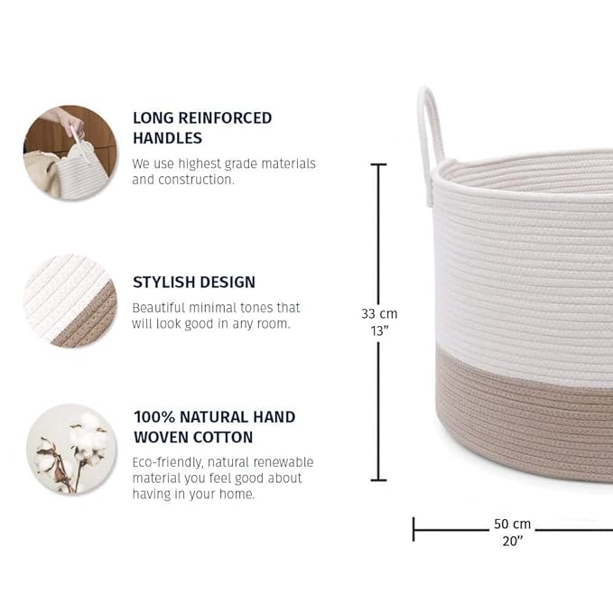 OrganiHaus Boho Woven Basket for Blankets and Laundry, Decorative Large Storage Bin for Living Room, Nursery Basket for Toys & Clothes, Soft Cotton Rope with Handles 20x13 inches - Off-White/Honey-Ruum Studio Home