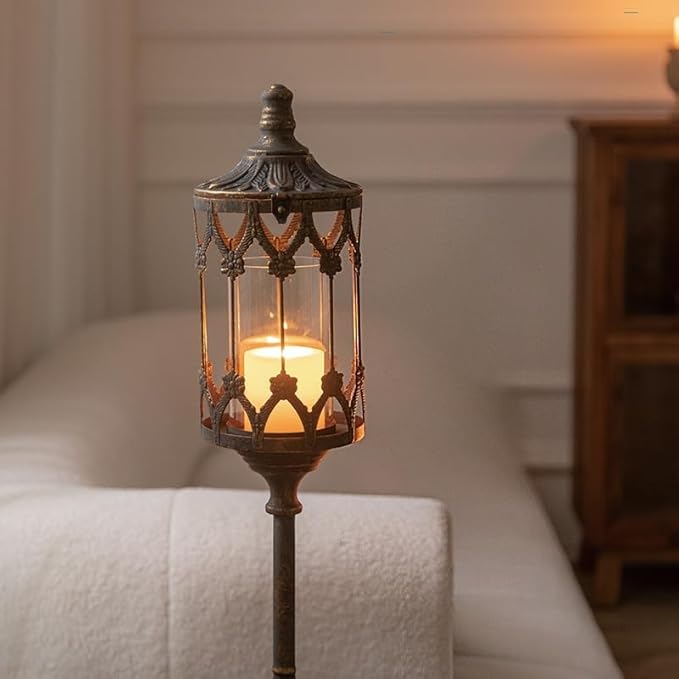 Vintage Floor Candelabra - 37.1" Tall Antique Gold Candle Holder with Glass Lantern, Rustic Gothic Metal Pillar Stand for Home Decor, Wedding & Event Centerpiece-Ruum Studio Home