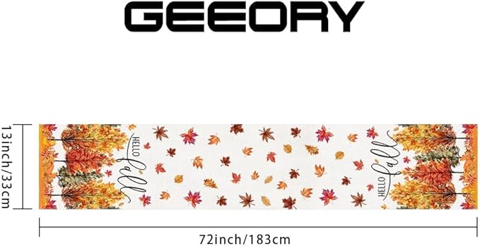 GEEORY Fall Watercolor Trees & Maple Leaves Table Runner 13x72 Inch, Rustic Farmhouse Autumn Thanksgiving Decor for Kitchen, Dining, Indoor/Outdoor Holiday Dinner Party Orange Red GT160-72-Ruum Studio Home