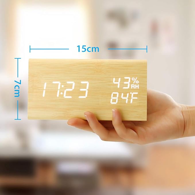 OCT17 Wooden Alarm Clock, Wood Alarm Clock Smart LED Digital Clock for Bedroom/desks, Upgraded with Time Temperature, Adjustable Brightness and Voice Control, Humidity Displaying - Bamboo-Ruum Studio Home