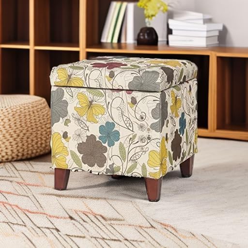 Adeco 18 Inch High Cube Ottoman Storage, Floral Printed Linen Chair Foot Stools, Upholstered Vanity Stool with Hinged Lid, Solid Wood Legs-Ruum Studio Home