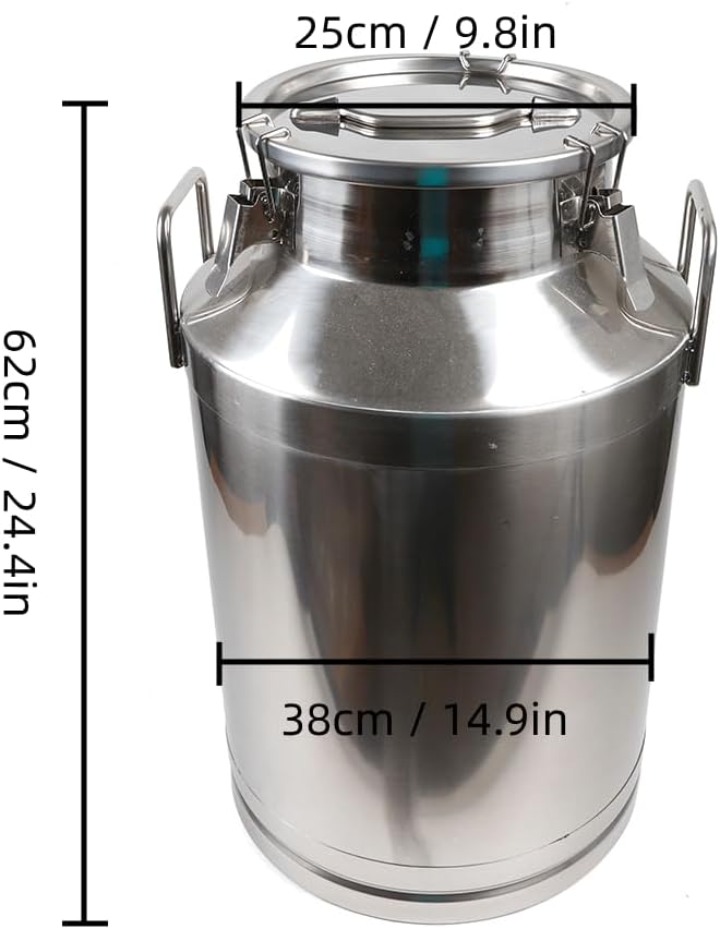 Stainless Steel Milk Can, 60L/15.9 Gallon Heavy Duty Airtight Storage Canister Milk Bucket with Lid, Embedded Silicone Milk Jug Wine Pail Water Cereals Bucket with Three Latches and Two Handles