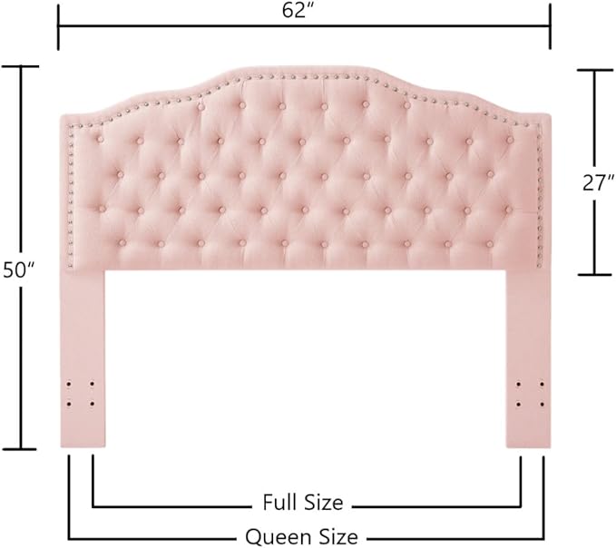 24KF Upholstered Button Tufted Queen Headboard with Nailhead Trim, Elegant Boucle Fabric Full headboard, 6031-Q-Boucle-Pink-Ruum Studio Home