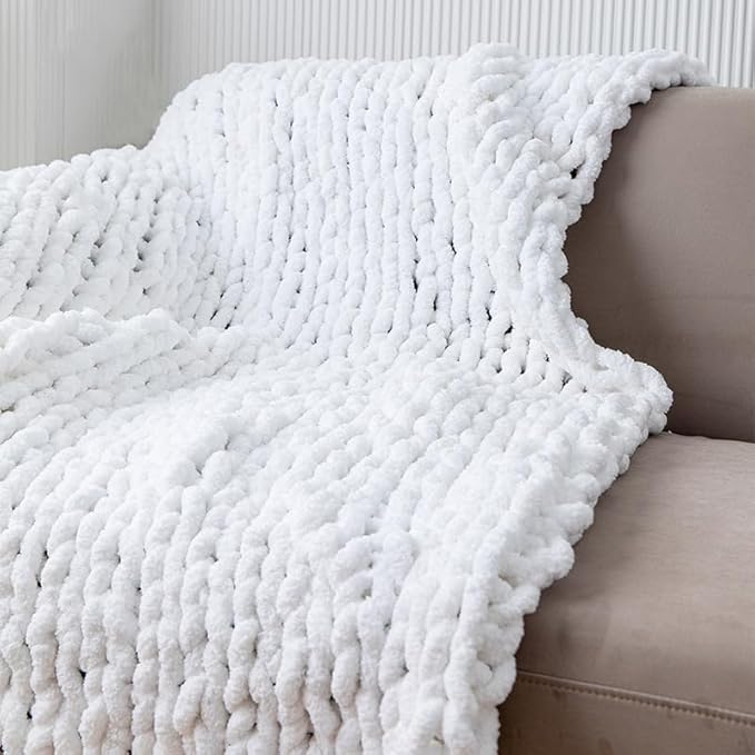 Chunky Knit Blanket Throw 40"×40", Hand Knitted Warm Chenille Throw Blanket, Home Decor Soft Thick Yarn Cable Knit Blanket, Soft Breathable Fleece Banket Christmas for Couch Bed Sofa Best Gift (White)-Ruum Studio Home
