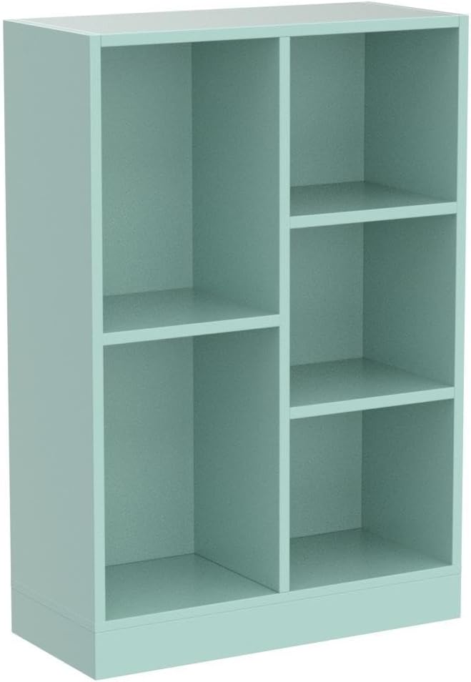 IOTXY Open Shelf Low Bookcase - Wooden 3-Tier Floor Standing Display Cabinet Organizer with Base, 5 Cubes Short Horizontal Bookshelf in Tiffany-Green-Ruum Studio Home