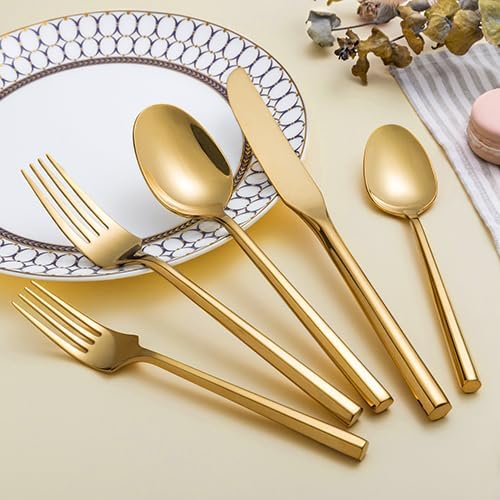 Gold Silverware Set Flatware Set Stainless Steel Cutlery Set 60 Pieces Thick Heavy Hexagon Handle Service for 12-Ruum Studio Home