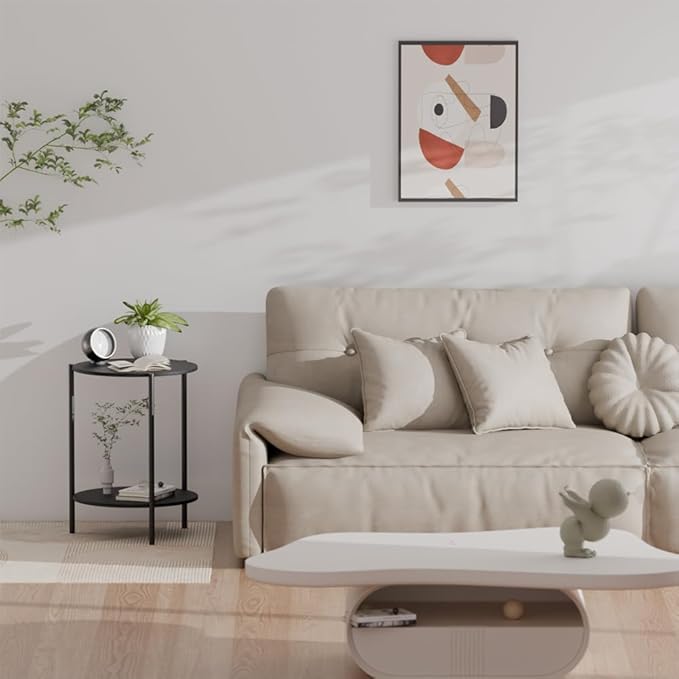 Side Table, Round End Table with 2-Layer Storage Rack, 15.7" Small Spaces Circle Table, Metal Frame Design Small Side Tables, for Living Room, Bedroom, Black-Ruum Studio Home