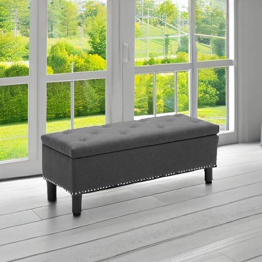 Furniliving Ottoman Bench with Storage, Folding Storage Ottoman Bench with Wood Legs, Upholstered Bedroom Bench with Button-Tufted, Entryway Bench Storage Bench for Bedroom, Linen (Darkgrey)-Ruum Studio Home