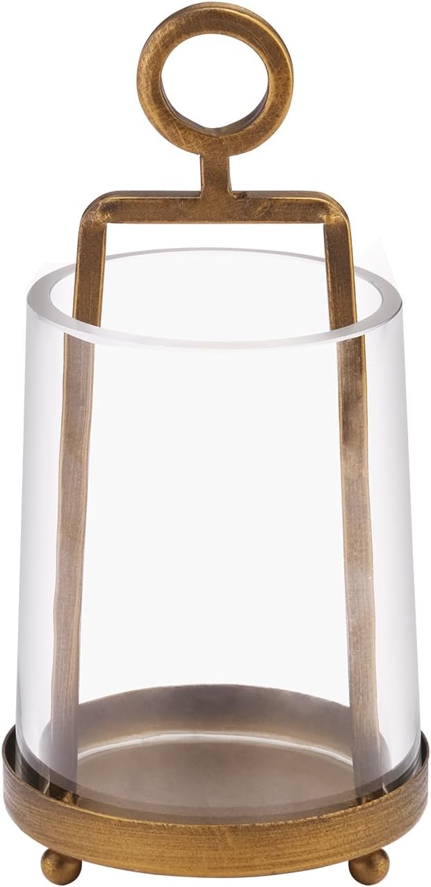 3'3" Wide Modern Metal Hurricane Lantern with Handmade Sturdy Glass Sleeve in Brass for Tealight Candle & Plants, Farmhouse Hurricane Industrial, Minimalistic, Shabby Chic (1, Brass, 3.3"x5.2")-Ruum Studio Home