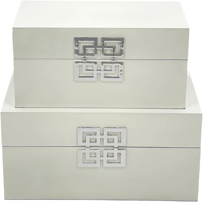Galt International Storage Box Set Decorative Storage Box w/Hinged Lid Classic Design Wood Decor Boxes with Geometric Clasp Storage for Bedroom & Home - Set of 2 (White & Silver)-Ruum Studio Home