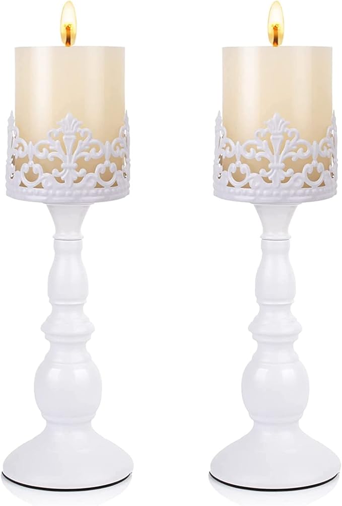 Candle Holders for Pillar Candles Gothic Matte Black Vintage Tall Candle Holders Set of 2 Decorative Large Table Centerpieces Candle Stand Decor (White 2PCS A)-Ruum Studio Home