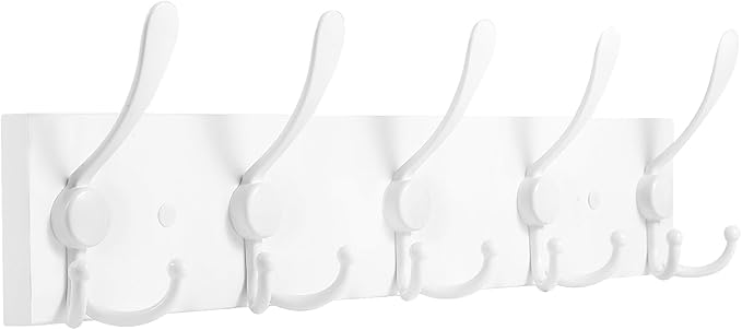 Coat Rack Wall Mount Coat Hooks Wooden Hat Rack for Wall Hooks Pine Real Wood Plank 16.9" White Coat Hanger with 5 White Triple Hooks for Hanging Coat Hat Jacket-Ruum Studio Home