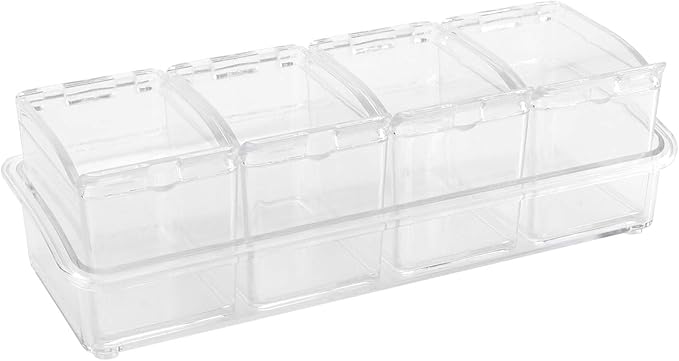 JAPCHET 3 Pack 4 Cell Clear Seasoning Box with Spoons, 10.2 × 3.54 × 3 inch Seasoning Storage Container with Cover, Clear Seasoning Rack Spice Pots for Spice, Salt, Sugar-Ruum Studio Home
