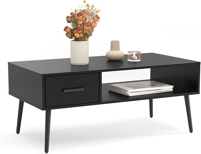 HAIOOU Coffee Table, Mid Century Modern Style Cocktail Table TV Stand with Drawer, Open Storage Shelf, Stable Floor-Anti-Scratching Pine Leg for Home, Office, Living Room - Black-Ruum Studio Home
