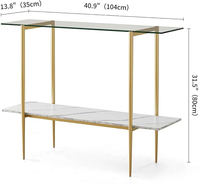 Glass Console Table for Living Room, Foyer & Entrance, 2-Tiers Mid-Century Modern Sofa Table with Clear Glass Top, White Marble Finish Wood Shelf and Gold Finish Frame-Ruum Studio Home