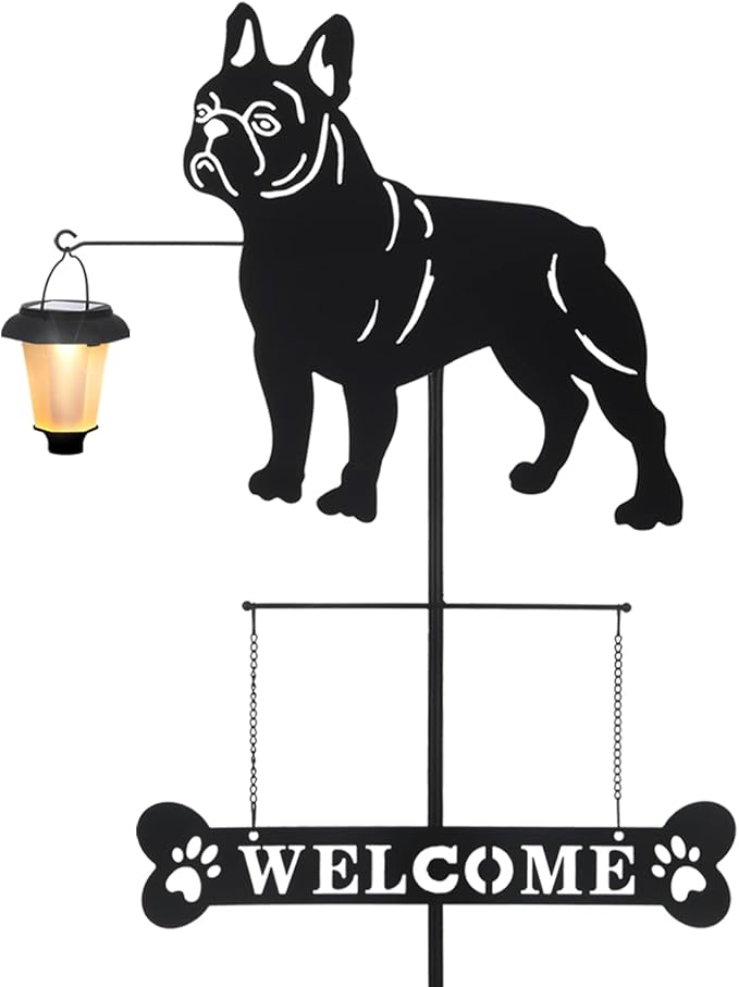 BAYN Solar French Bulldog Silhouette Dog Breed Welcome Sign with a Lantern Outdoor Decorative Garden Stakes for Yard, Lawn, Patio, Pathway-Ruum Studio Home