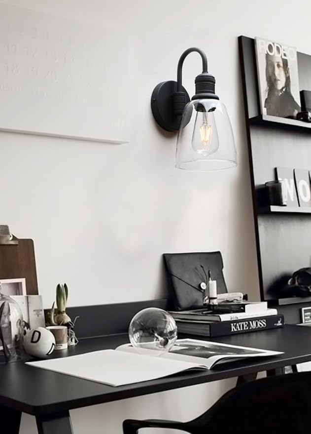 1-Light Vintage Wall Sconce, Yosoan Black Industrial Fixture Light with Elegant Gooseneck Curved Rod, Indoor Clear Glass Shade Wall Lamp Lighting for Bathroom Porch Kitchen Living Room Restaurant-Ruum Studio Home