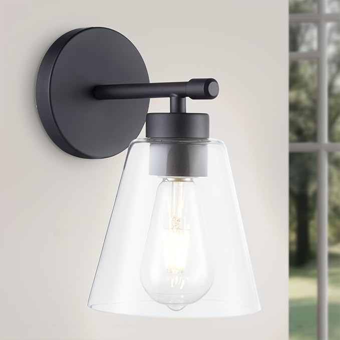 Hamilyeah Black Bathroom Sconces Wall Lighting, Farmhouse Wall Sconces Set of 2, Industrial Black Sconces with Clear Glass Shade for Living Room, Kitchen, Hallway-Ruum Studio Home