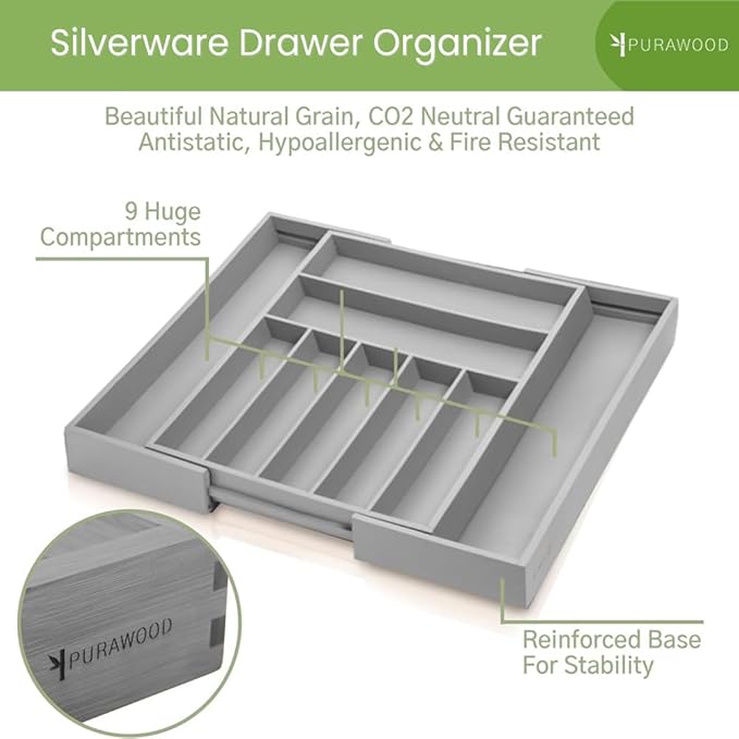 Purawood Bamboo Drawer Organizer - Expandable Silverware Organizer & Utensil Organizer, Cutlery Tray with Dividers, 7-9 Slots - Premium Kitchen Drawer Organizer for Utensils & Flatware (Grey)-Ruum Studio Home