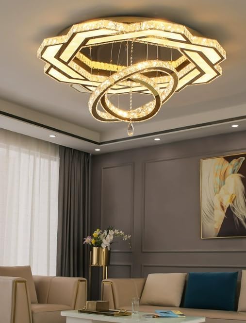 Flashing God Crystal Chandeliers Dia 32" Gold Chandelier Flush Mount Ceiling Light for Bedroom Living Room Dining Room Hallway Dimmable 3 Rings LED Celing Lighting Fixtures-Ruum Studio Home