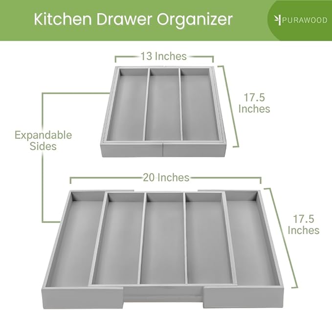 Purawood Kitchen Drawer Organizer - Expandable Utensil Drawer Organizer for Kitchen, Cutlery Tray & Silverware Organizer, 3-5 Slots - Bamboo Organizer for Utensils & Flatware (Grey)-Ruum Studio Home