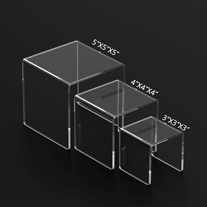 HIIMIEI Clear Acrylic Display Risers 2 Sets, 3-Tier Risers Stands Showcase for Amiibo Funko Pop Figures, Dessert, Jewelry-3"x4"x5"-Ruum Studio Home