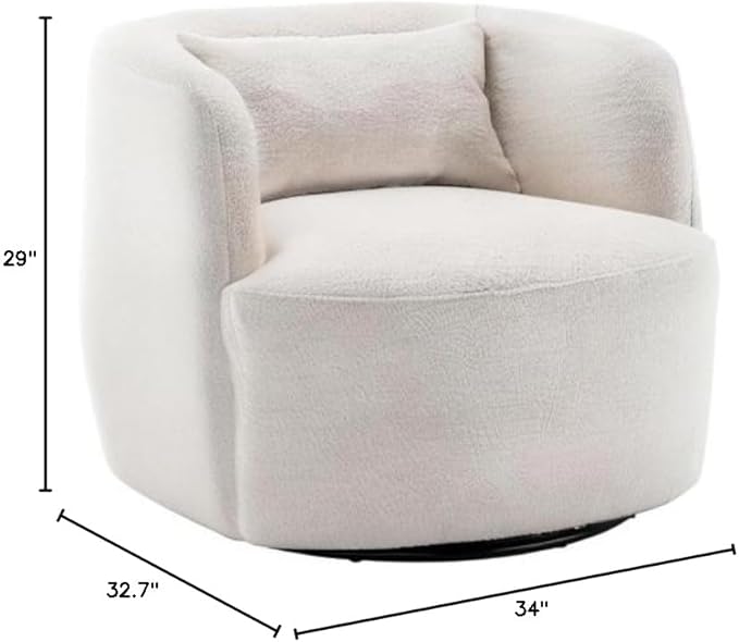 KINWELL 34" Wide Boucle Swivel Barrel Chair, No Assembly Round Upholstered Armchair Accent Chair Single Sofa Chair with Toss Pillow for Living Room and Bedroom, Beige-Ruum Studio Home