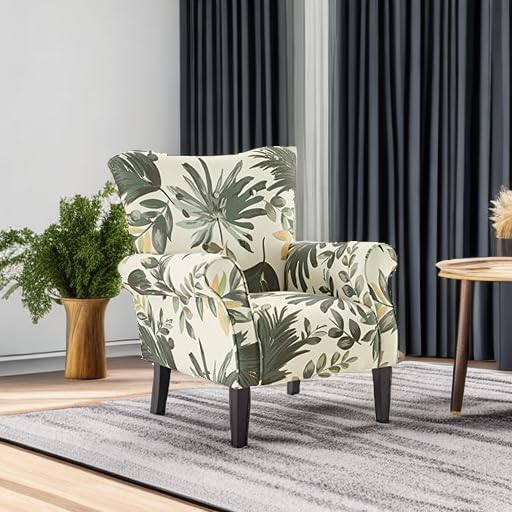 BELLEZE Modern Accent Chair for Living Room, High Back Floral Armchair with Wooden Legs, Upholstered Wingback Side Chair Padded Armrest Single Sofa for Living Room, Bedroom - Allston (Green Floral)-Ruum Studio Home
