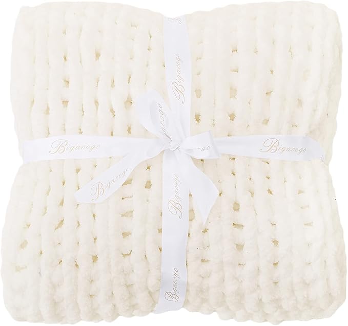Bigacogo Chunky Knit Throw Blanket for Couch, 40x40 inches, 100% Hand Knitted with Thick Jumbo Chenille Yarn, Cozy Soft Large Rope Knot Cable Crochet Blankets for Sofa Bed Living Room, Ivory-Ruum Studio Home